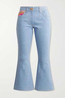 Versace - Cropped Printed Twill-paneled Mid-rise Flared Jeans - Blue