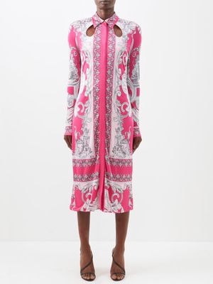 Versace - Cutout Baroque-print Shirt Dress - Womens - Pink Multi