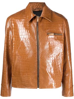 Versace embossed crocodile-effect leather jacket - Brown