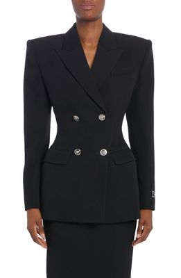 Versace Exaggerated Shoulder Double Breasted Virgin Wool Jacket in Black