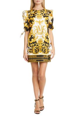 Versace First Line Versace V Barocco Print Tie Sleeve Silk Shift Minidress in Black/gold