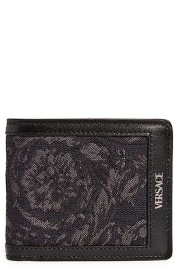 Versace Floral Jacquard & Leather Bifold Wallet in Black Black Ruthenium