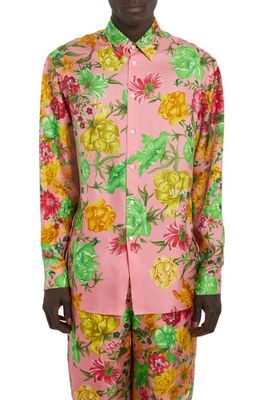 Versace Floral Silk Twill Button-Up Shirt in 5P020-Pink Multicolor