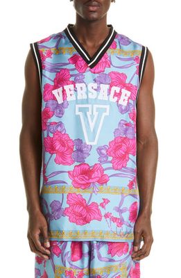 Versace Floral Sleeveless Basketball Jersey in Fuxia Blue
