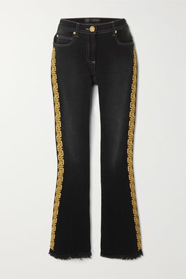 Versace - Frayed Embroidered Mid-rise Flared Jeans - Black