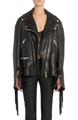 Versace Fringe Crushed Leather Moto Jacket in Black