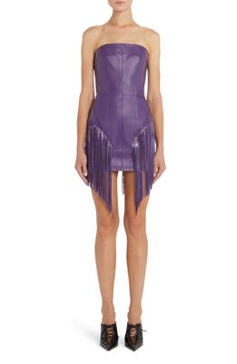Versace Fringe Detail Strapless Leather Dress in Bright Dark Orchid