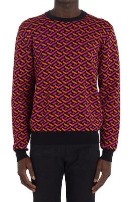 Versace Greca Monogram Jacquard Crewneck Wool Blend Sweater in 5R310 Magenta Tangerine