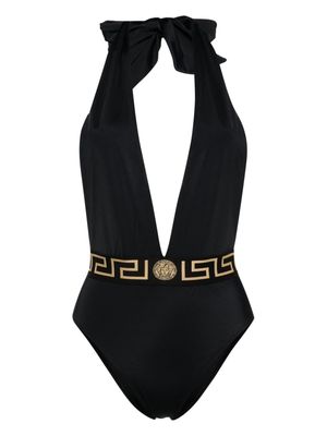 Versace Greca-waistband V-neck swimsuit - Black