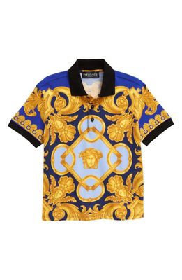 Versace Kids' Barocco 660 Print Cotton Polo in Navy Gold