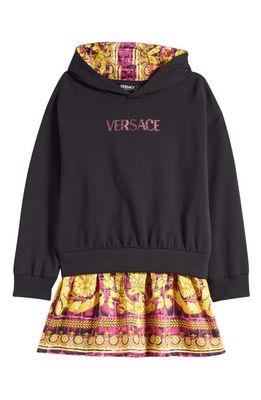 Versace Kids' Barocco Hooded Cotton Sweatshirt Dress in Nero/Waterlilyoro/Rose