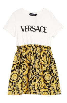 Versace Kids' Barocco Print Cotton Logo Dress in Bianco Nero Oro