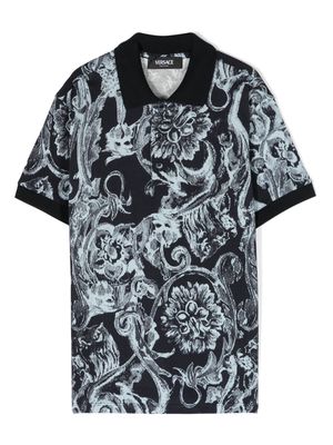 Versace Kids Barocco-print piqué-weave polo shirt - Blue