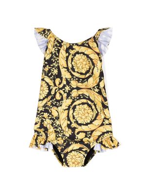 Versace Kids Barocco-print ruffle-detail swimsuit - Yellow