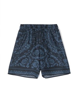 Versace Kids Barocco-print silk shorts - Blue