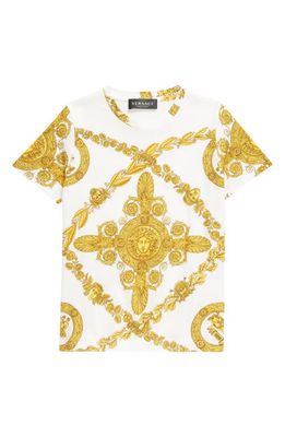 Versace Kids' Baroque Print Cotton Graphic T-Shirt in White Gold