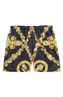 Versace Kids' Baroque Print Swim Trunks in Black Gold