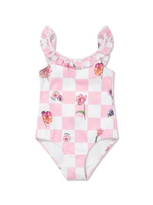 Versace Kids Blossom check-print swimsuit - Pink