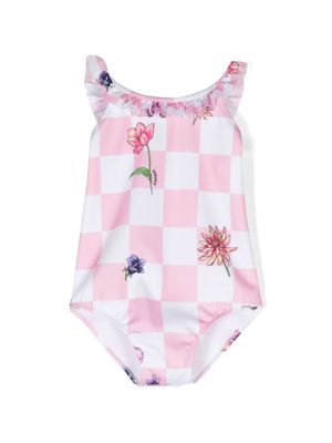 Versace Kids checkerboard floral-print swuimsuit - White