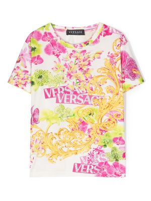 Versace Kids crystal-embellished floral-print T-shirt - White