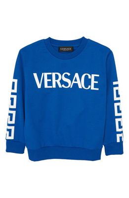 Versace Kids' Greca Logo Cotton Sweatshirt in Sapphhire Bianco