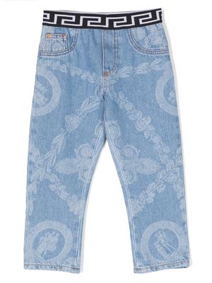 Versace Kids Greca.print waistband jeans - Blue
