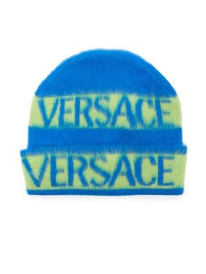 Versace Kids intarsia knit-logo virgin wool beanie - Blue