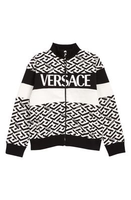 Versace Kids' La Greca Monogram Zip-Up Cotton Logo Jacket in Bianco Nero
