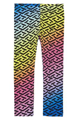 Versace Kids' La Greca Rainbow Monogram Stretch Cotton Leggings in Multicolor