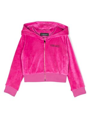 Versace Kids logo-embellished zip-up velvet hoodie - Pink