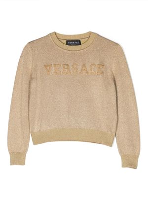 Versace Kids logo-embroidered metallic-threading jumper - Gold