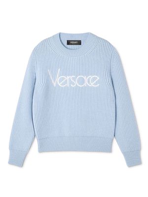 Versace Kids logo-embroidered ribbed-knit jumper - Blue