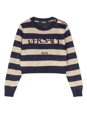 Versace Kids logo-embroidered striped jumper - Blue