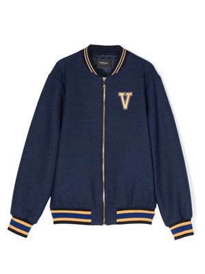 Versace Kids logo-patch bomber jacket - Blue