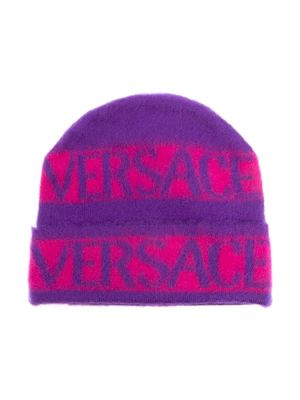 Versace Kids logo-print brushed-effect beanie - Pink