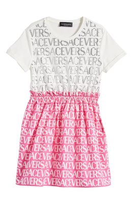 Versace Kids' Logo Print Cotton Dress in Bianco Rosa Crystal