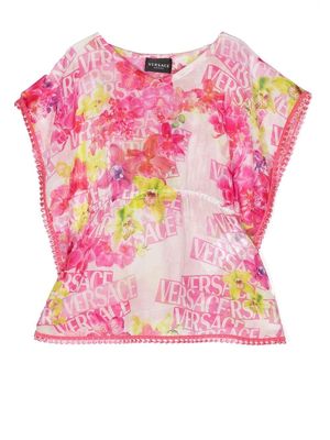 Versace Kids logo-print cotton kaftan - Pink