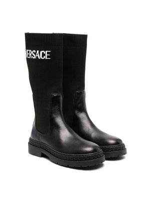 Versace Kids logo-print knee-high boots - Black