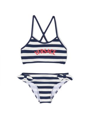 Versace Kids logo-print striped bikini - Blue