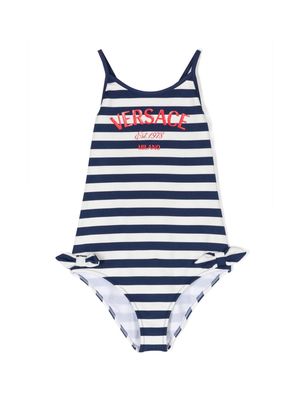 Versace Kids logo-print striped swimsuit - Blue