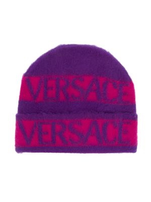 Versace Kids logo-print virgin wool beanie - Purple