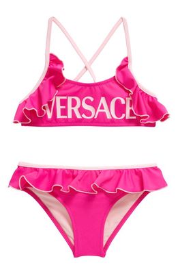 Versace Kids' Logo Ruffle Two-Piece Swimsuit in Glossy Pink Pink Paradise