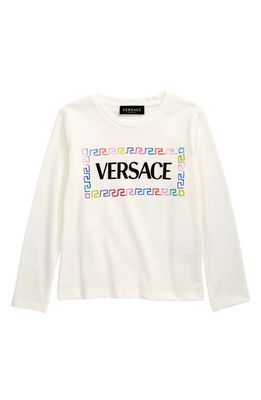 Versace Kids' Long Sleeve Cotton Logo T-Shirt in Bianco Multicolor