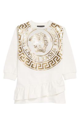 Versace Kids' Metallic Medusa Logo Sweatshirt Dress in Bianco Oro