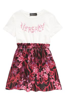 Versace Kids' Orchid Print Cotton Jersey Dress in Bianco Nero Tropical Pink