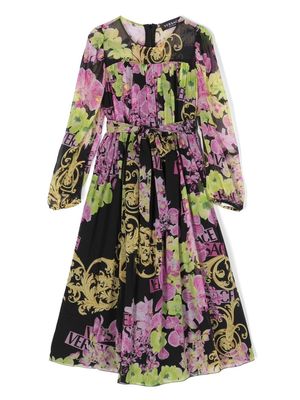 Versace Kids orchid-print silk midi dress - Black