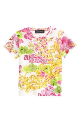 Versace Kids' Orchid Stretch Cotton Graphic T-Shirt in Bianco Multicolor