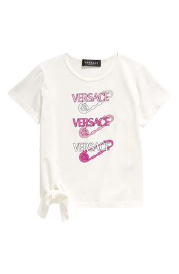 Versace Kids' Safety Pin Cotton Graphic Tee in Bianco Multicolor