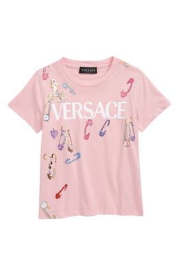 Versace Kids' Safety Pin Cotton Logo Graphic Tee in English Rose Multicolor