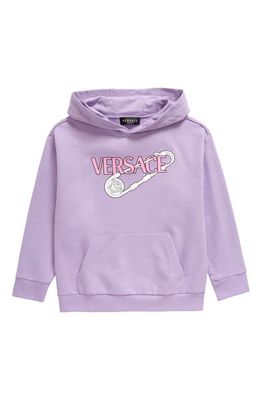 Versace Kids' Safety Pin Logo Graphic Cotton Hoodie in Baby Violet Multicolor